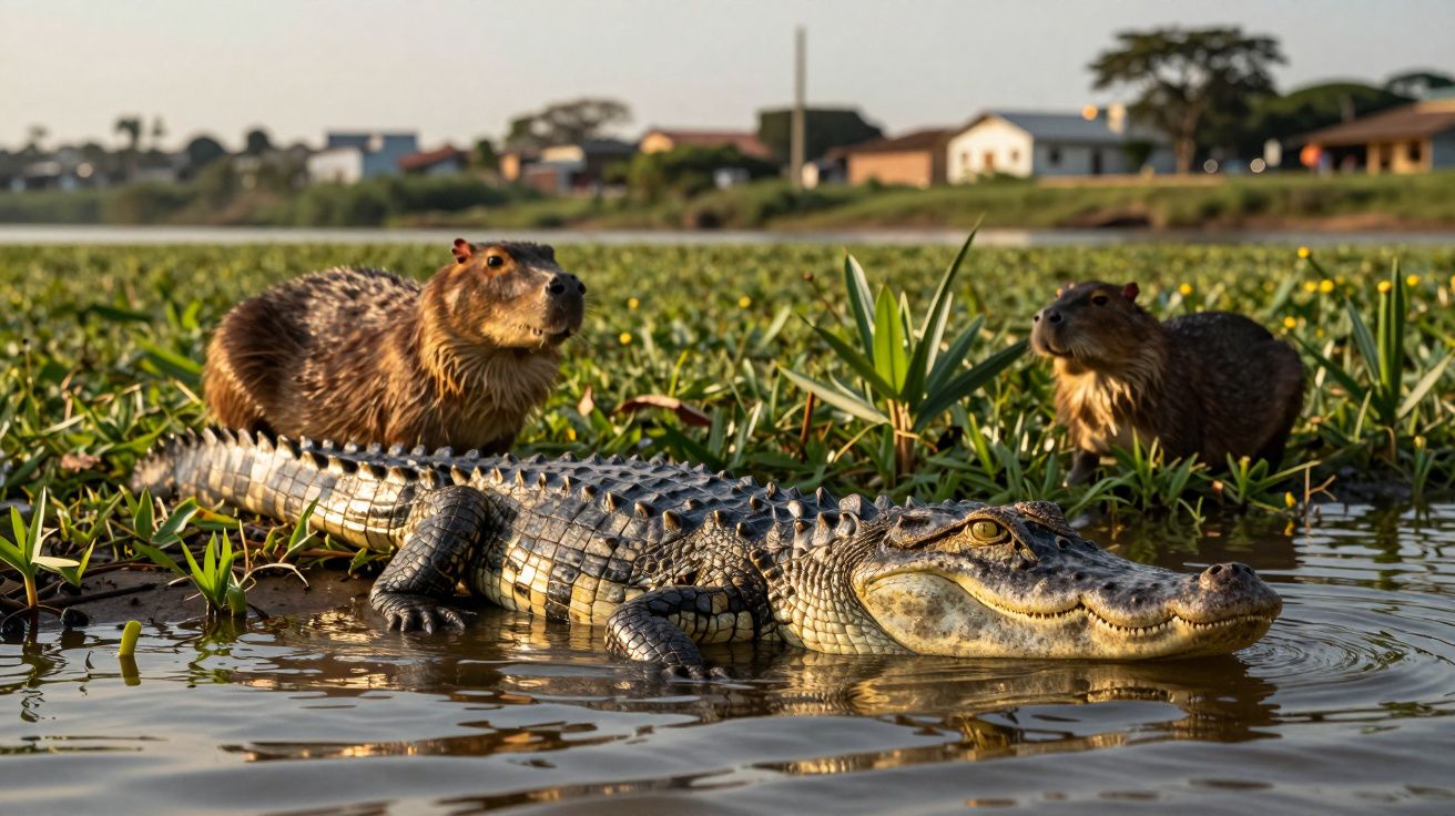 Jacaré na água e duas capivaras na vegetação à beira de um lago, com casas ao fundo sob céu claro.