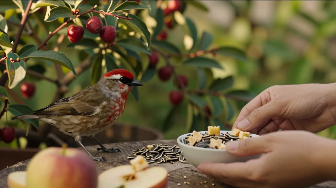 Pássaro com cabeça vermelha perto de um prato de sementes e queijo. Fundo com árvores e pequenos frutos vermelhos.
