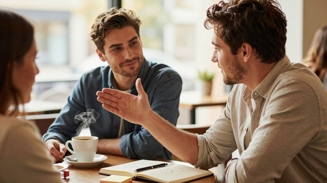 Três pessoas conversam numa mesa de café, com cadernos e chávenas de café à frente.