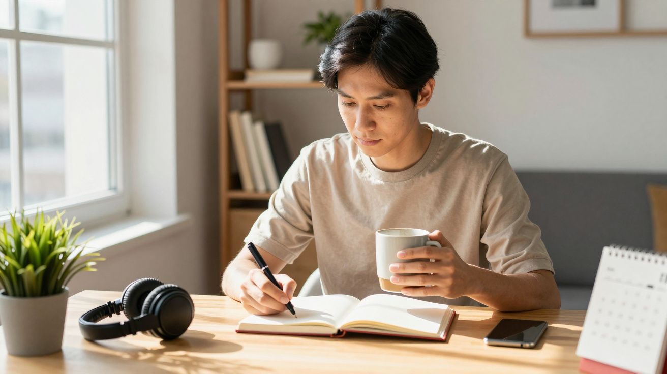 Jovem a estudar à mesa, segurando uma caneca, com auscultadores, planta e calendário ao lado.