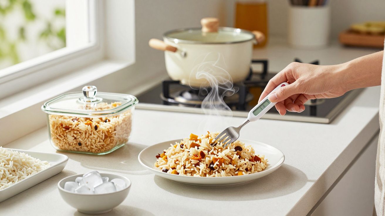 Pessoa segura um garfo sobre prato de arroz fumegante na cozinha, com panela e recipiente ao fundo.