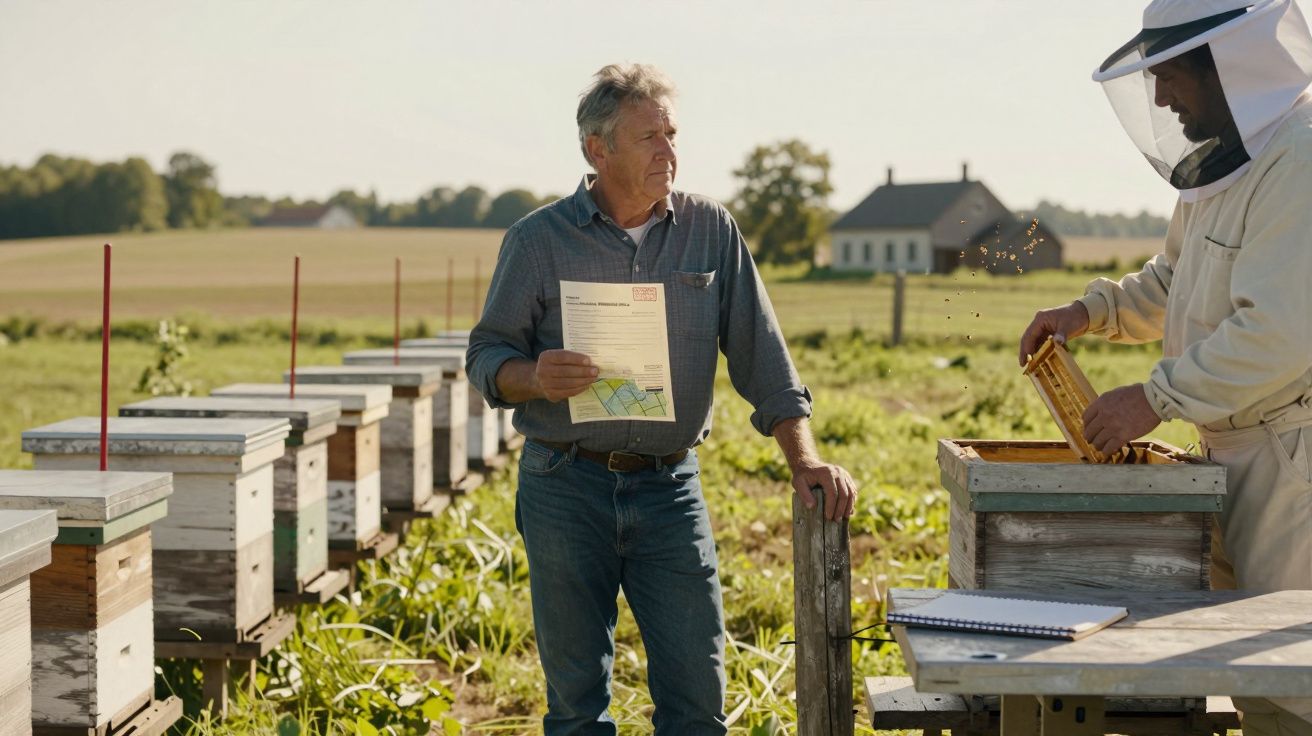 Homem a segurar papel ao lado de um apicultor de fato protetor numa área rural com colmeias e casa ao fundo.