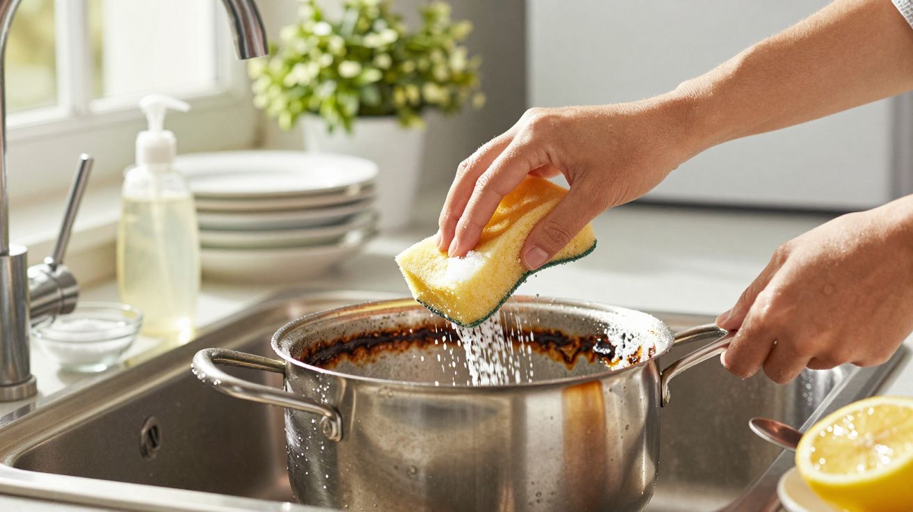 Mãos a lavar panela com esponja amarela na pia da cozinha. Fundo com pratos e planta junto à janela.