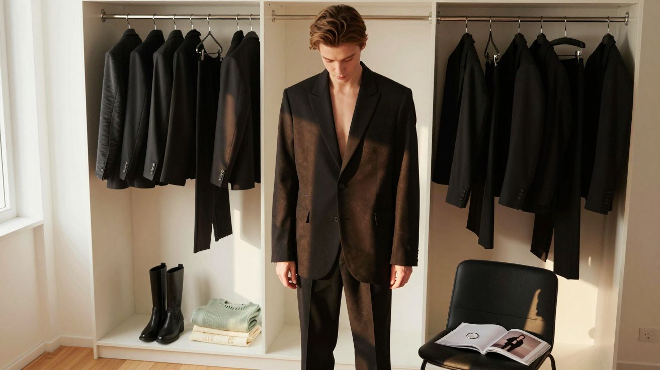 Homem vestindo fato preto de pé num quarto com roupeiros cheios de casacos, uma cadeira e um livro aberto ao lado.