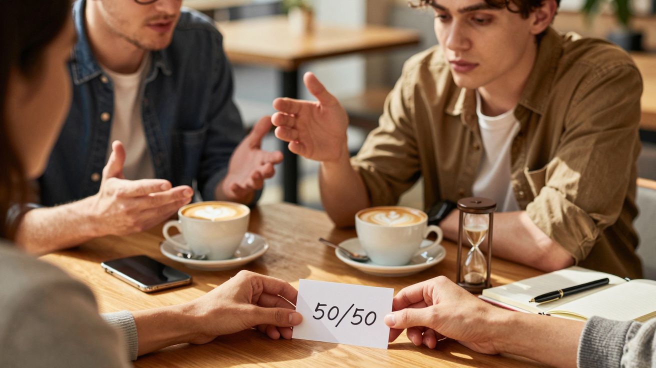 Três pessoas discutem numa mesa de café, com uma delas a segurar um cartão que diz "50/50".