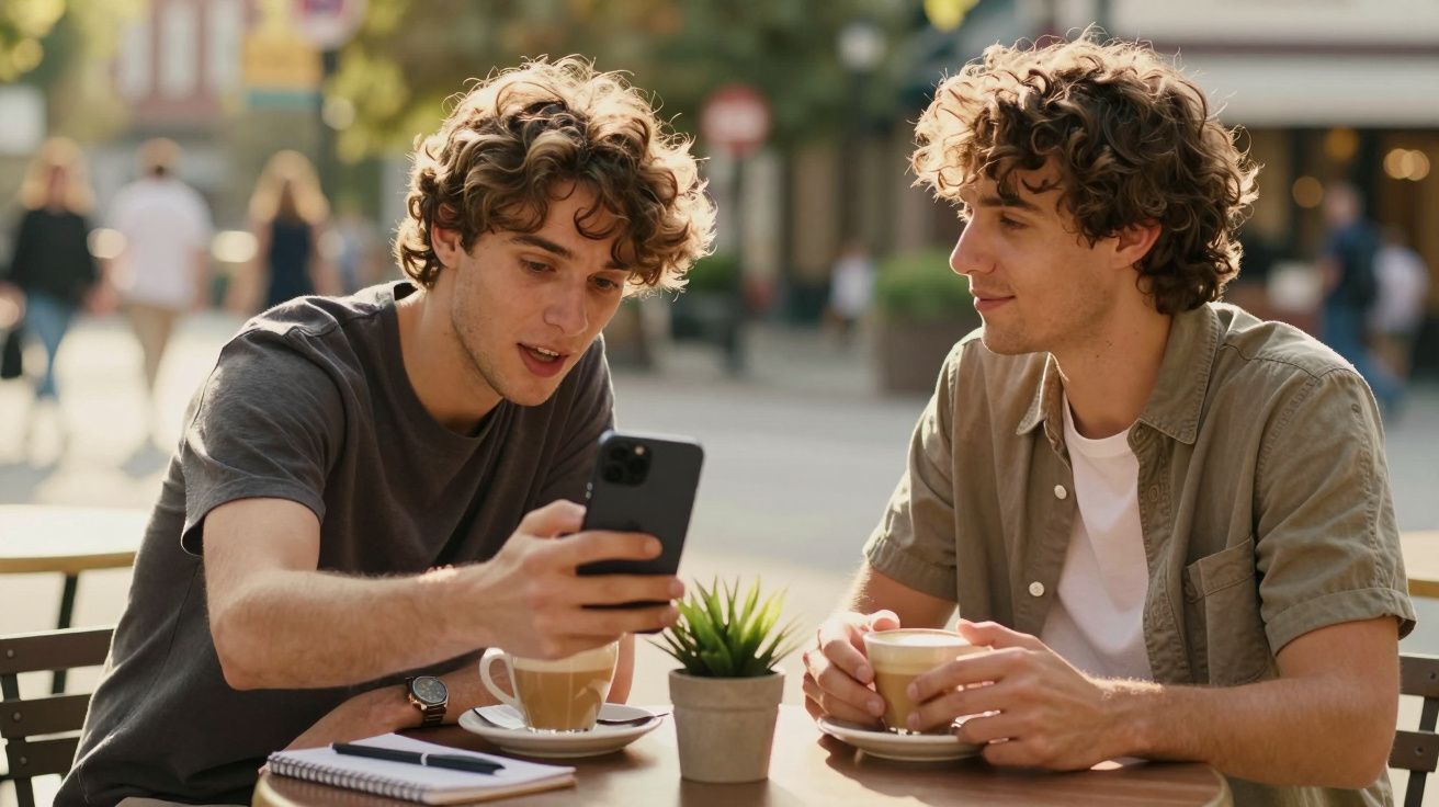 Dois homens jovens conversam numa esplanada, um segura um telemóvel, outro, uma chávena de café.