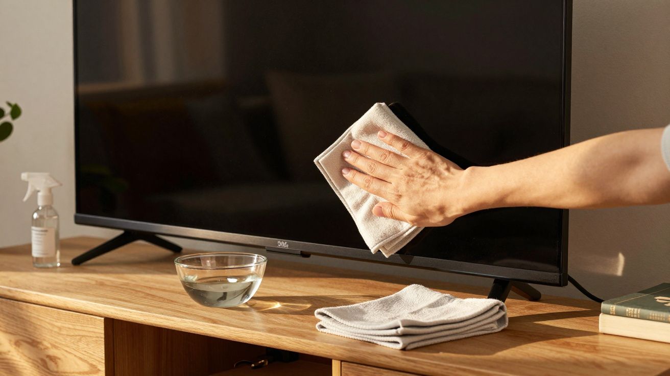Mão a limpar um ecrã de televisão com um pano de microfibra, um recipiente com água e uma garrafa spray ao lado.
