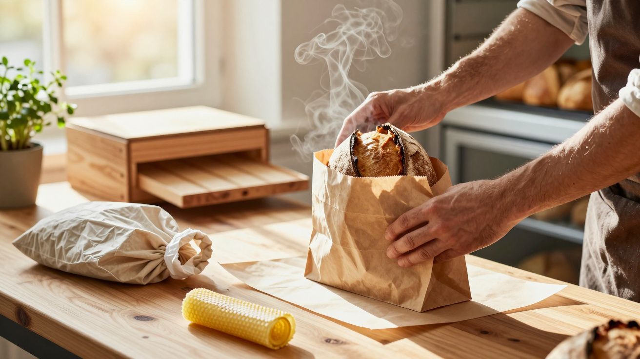 Pessoa a embalar pão quente e fumegante num saco de papel numa padaria, com o sol a iluminar a bancada de madeira.