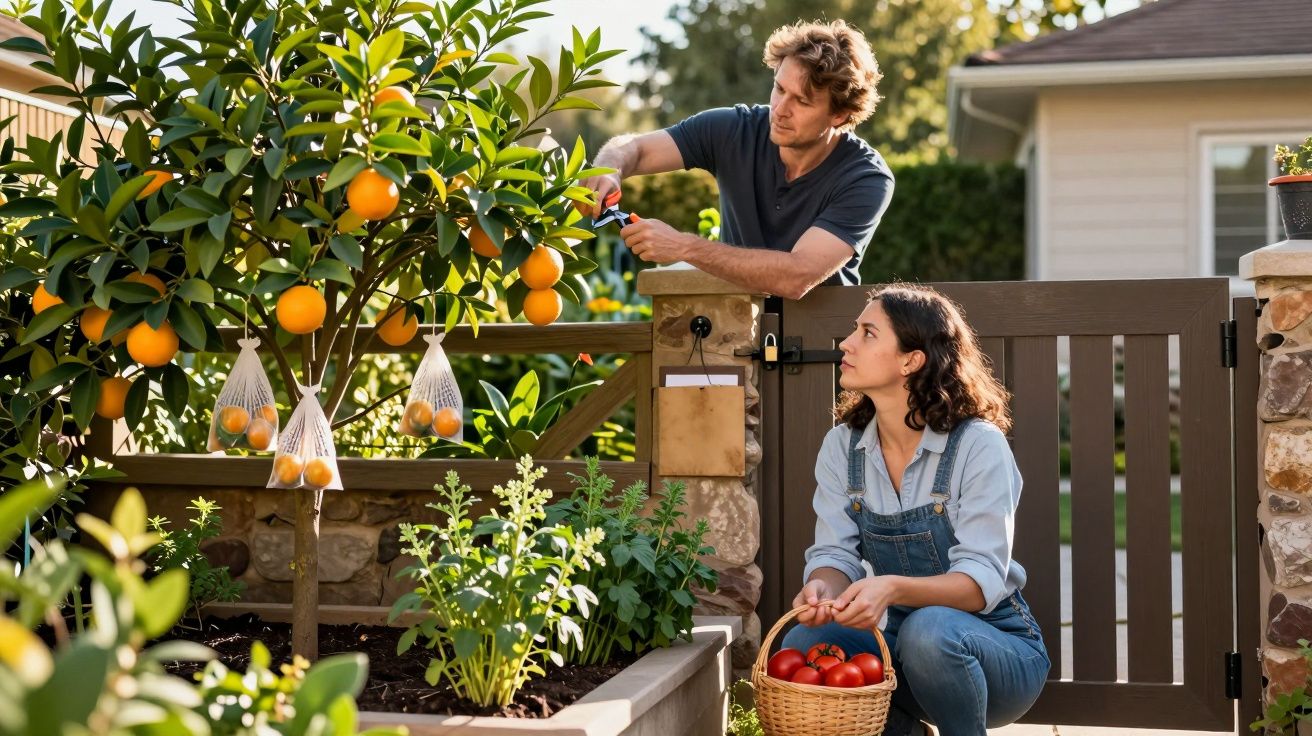 Homem colhe laranjas de uma árvore, enquanto mulher segura cesta de tomates num jardim ensolarado.