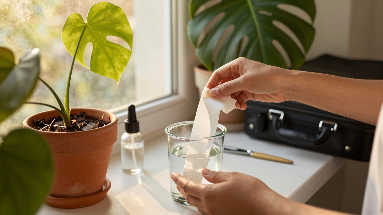 Mãos colocando papel num copo com água ao lado de plantas, frasco de spray e mala numa mesa junto à janela.