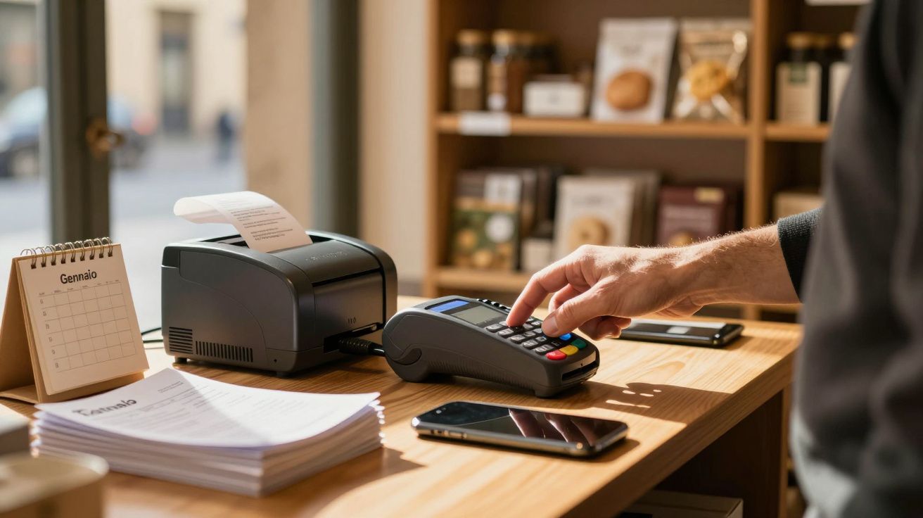 Pessoa a usar terminal de pagamento num balcão de loja, com impressora de recibos, telemóvel e calendário visíveis.