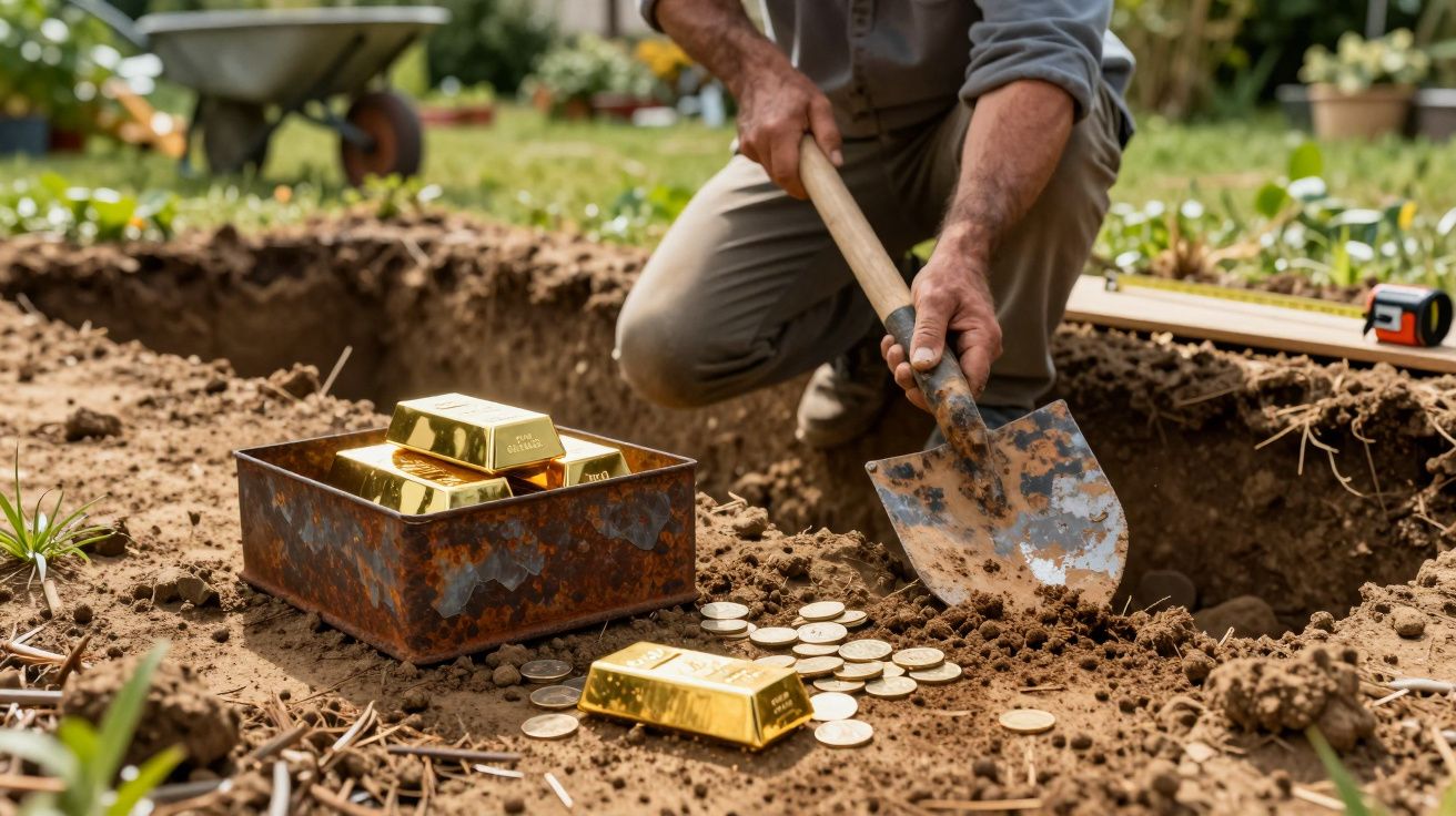 Homem com pá escava no jardim, revelando lingotes e moedas de ouro num baú gasto.