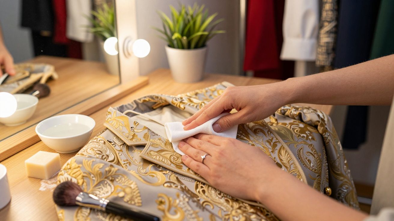 Mãos limpam tecido dourado e branco com baqueta, em frente a espelho com luzes e planta decorativa ao fundo.