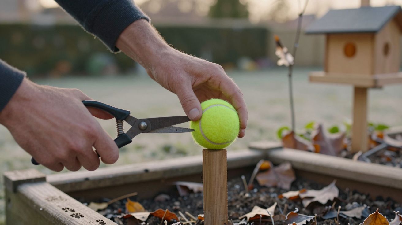 Mãos seguram tesoura de poda, cortando bola de ténis em pé num jardim com caixa de madeira e folhas secas.