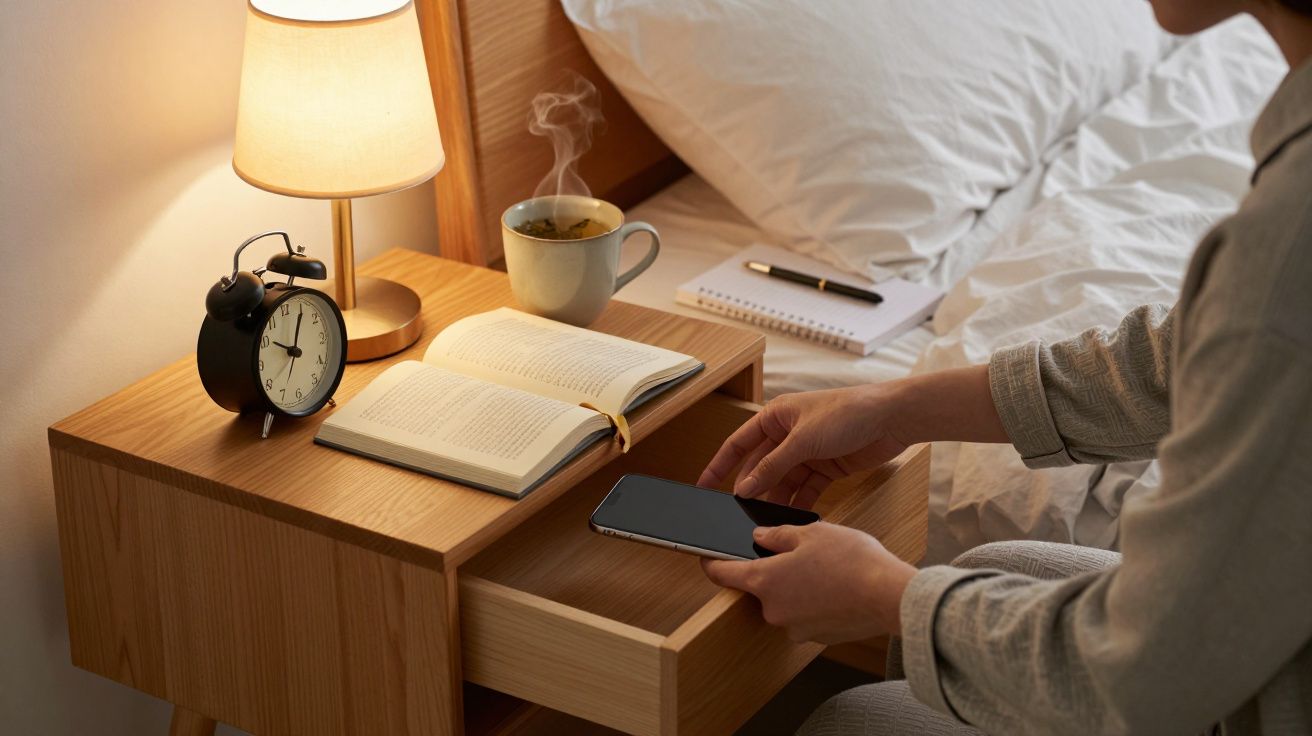 Pessoa a guardar telemóvel numa gaveta. Relógio, livro e chá na mesa de cabeceira, sob luz de candeeiro.