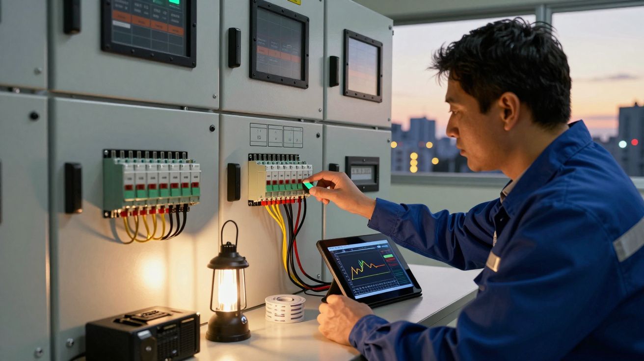 Técnico ajusta painel elétrico enquanto verifica dados num tablet, com lanterna a óleo ao lado.